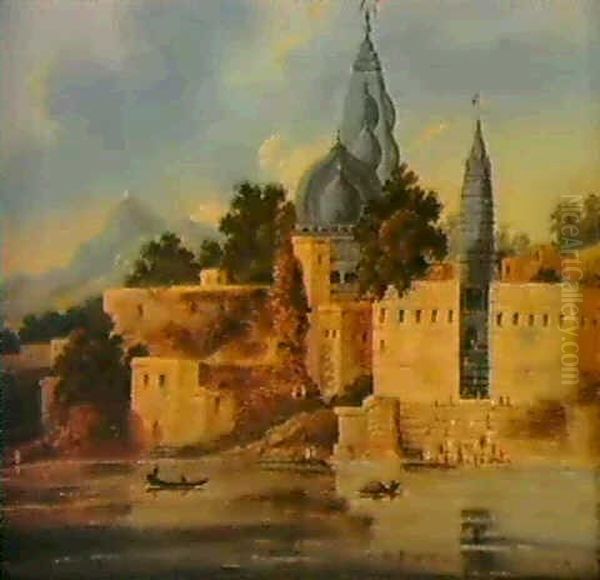 Visnupad Temple At Hindu Gaya Oil Painting by Charles D'Oyly