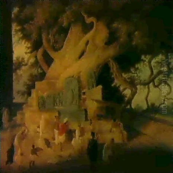 The Great Fig Tree At Bodh Gaya, India Oil Painting by Charles D'Oyly