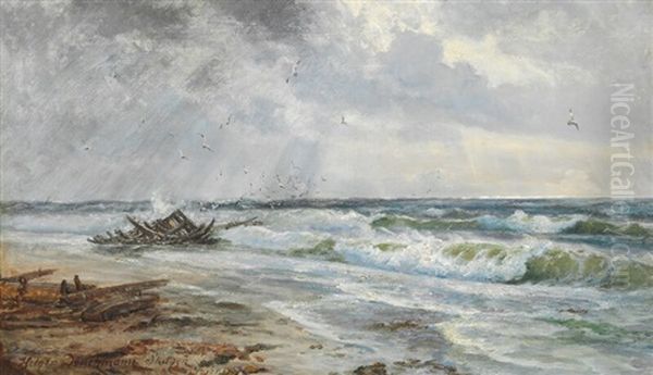 Shipwreck On The Beach At Skagen Oil Painting by Holger Drachmann