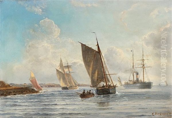 Sailboats Near The Shore Oil Painting by Holger Drachmann