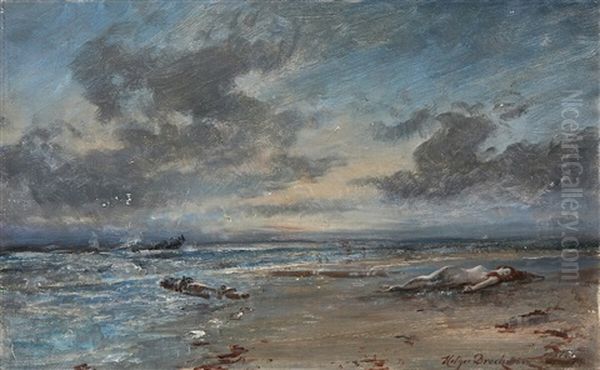 Stormy Weather By The Sea With A Mermaid Washed Ashore Oil Painting by Holger Drachmann