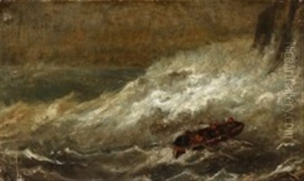 A Rowing Boat In Rough Seas Off A Rocky Coast Oil Painting by Holger Drachmann