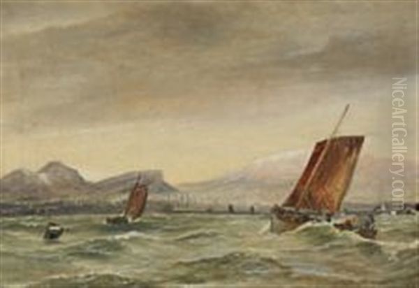 A Seascape With Two Sailing Ships Near A Rocky Coast Oil Painting by Holger Drachmann