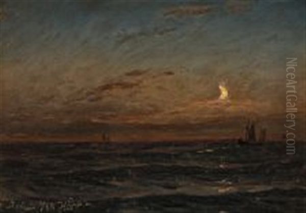 The North Sea By Moonlight Oil Painting by Holger Drachmann