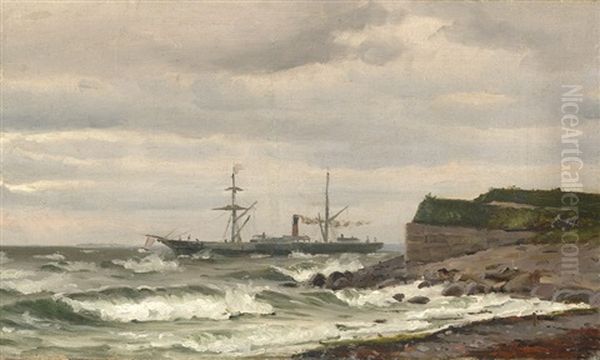 Dampfschiff Und Segelschiff Vor Kuste Bei Sturm Oil Painting by Holger Drachmann