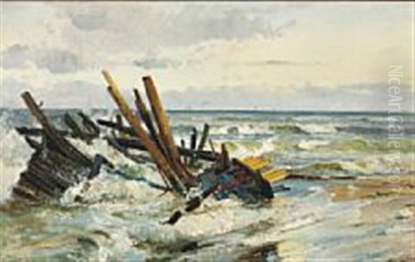 Shipwreck On The Beach At Skagen Oil Painting by Holger Drachmann