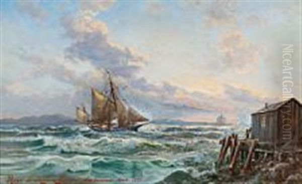 Seascape With A Sailing Ship Off Halifax, Canada Oil Painting by Holger Drachmann