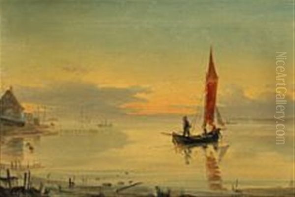 A Fishing Boat At Sea An Early Morning Oil Painting by Holger Drachmann