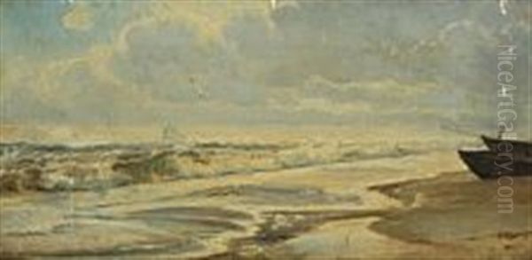 Coastal Scenery From Skagen With Breaking Waves, Ships On The Beach And Flying Seagulls Oil Painting by Holger Drachmann