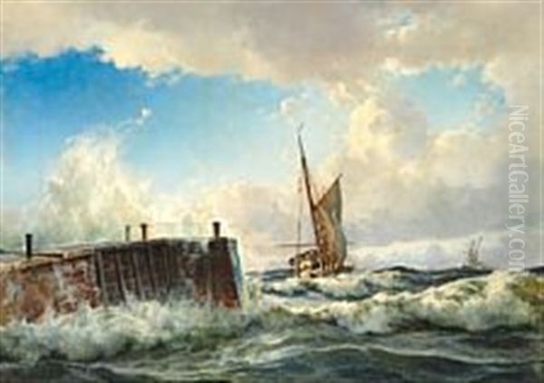 A Sailing Boat Is Passing The Harbour Pier In Rough Sea Oil Painting by Holger Drachmann