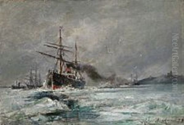 Seascape With Sailing Ships On Icy Sea Oil Painting by Holger Drachmann