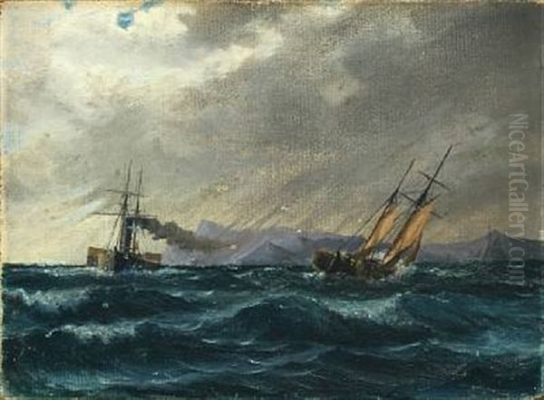 Vessels In Stormy Weather Along Rocky Coast Oil Painting by Holger Drachmann