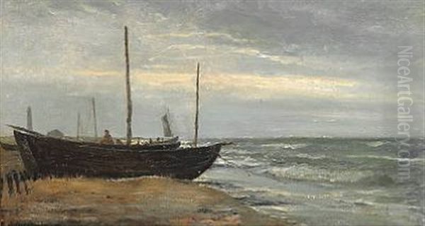 Fishing Boats On The Beach At Skagen, In The Background Det Gra Fyr (the Grey Lighthouse) Oil Painting by Holger Drachmann