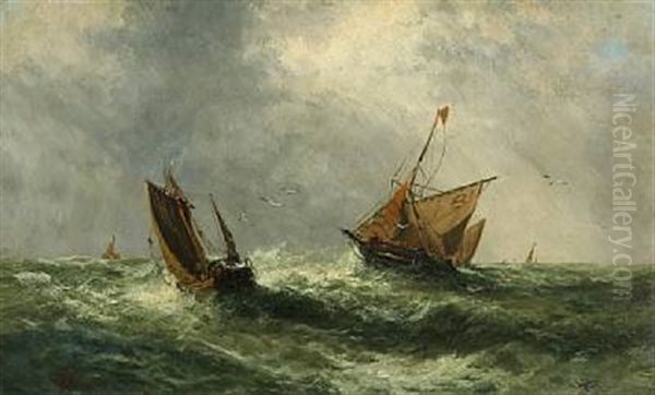Seascape With Sailing Ships In Rough Sea Oil Painting by Holger Drachmann