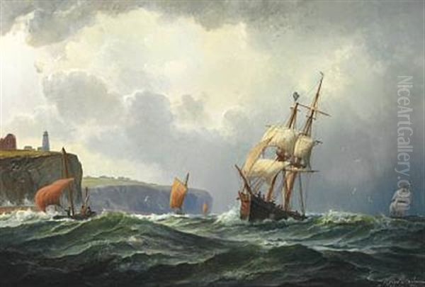 Seascape With Sailing Ships Off The British Coast Oil Painting by Holger Drachmann