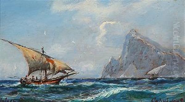 Sailing Ships Out Shore A Rocky Coastline, Capri Oil Painting by Holger Drachmann