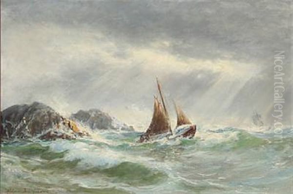 Coastal Scene With Sailing Ships In High Waves Oil Painting by Holger Drachmann