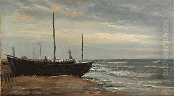 Coastal Scene With A Fishing Boat, Skagen Oil Painting by Holger Drachmann