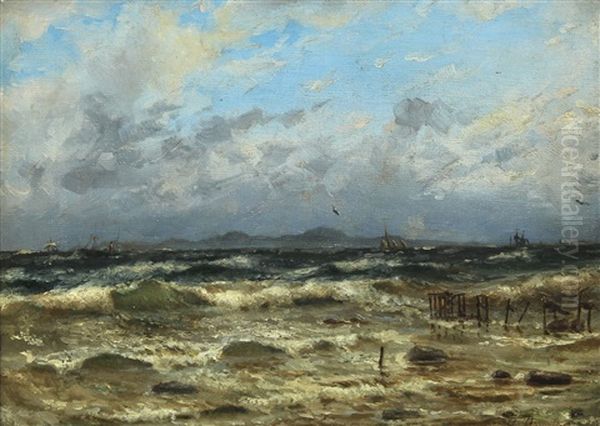 Coastal Scenery With Ships At Sea In Fresh Weather Oil Painting by Holger Drachmann