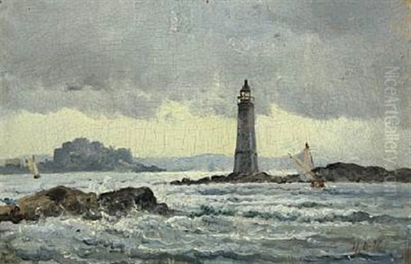 Sailing Ships By A Lighthouse, In The Background A Castle Oil Painting by Holger Drachmann
