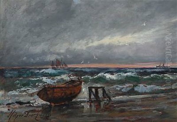 Costal Scene With A Rowboat On The Beach (study) Oil Painting by Holger Drachmann
