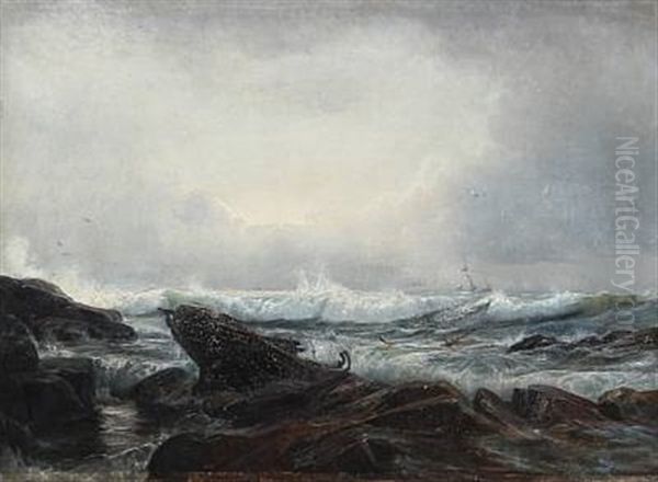 Coastal Scene With Schooner Capsizing In The Stormy Sea Oil Painting by Holger Drachmann