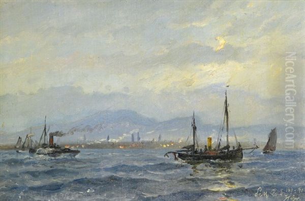 Fartyg Pa Redden, I Bakgrunden Staden Leith, Edinburgh Oil Painting by Holger Drachmann