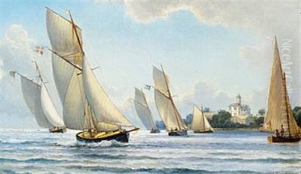 Sailing Racers Find Shelter In The Bay At Hvidore Against Bad Weather Arriving Oil Painting by Holger Drachmann