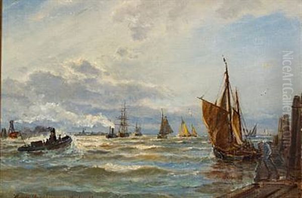 Numerous Ships On The Alster River Near Hamburg Oil Painting by Holger Drachmann