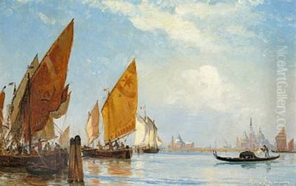 Fishing Vessels And Gondola In The Grand Canal, Venice Oil Painting by Holger Drachmann