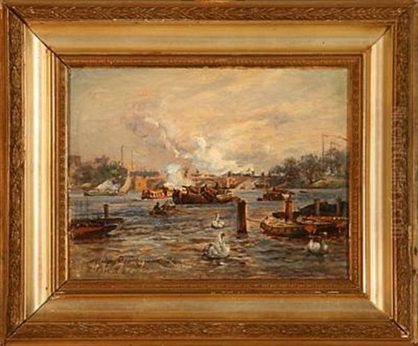 View Of Hamburg Harbour Oil Painting by Holger Drachmann