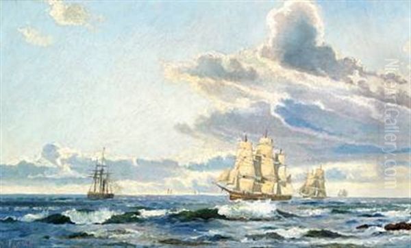 Seascape With Sailing Wessels Oil Painting by Holger Drachmann
