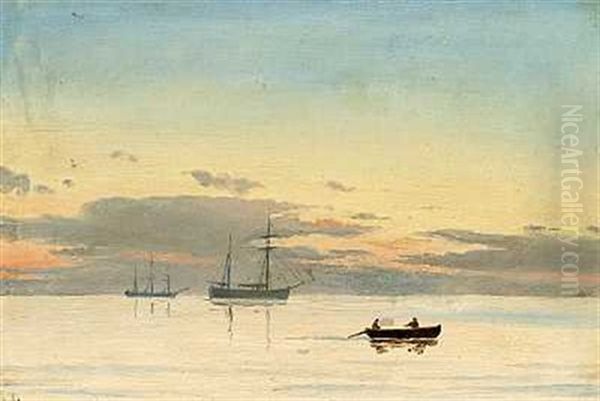 Marine Med Sejlskibe Og Robad Pa Det Blikstille Hav Oil Painting by Holger Drachmann