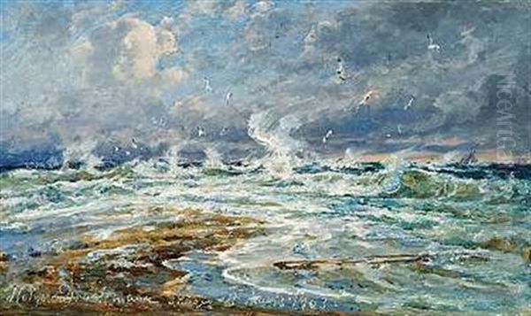 Fra Skagen, Hvor Skagerak Og Kattegat Modes Pa Grenen Oil Painting by Holger Drachmann