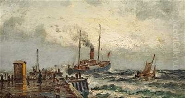 En Damper Og En Sejlbad Ud For Molen I Gravejr Oil Painting by Holger Drachmann