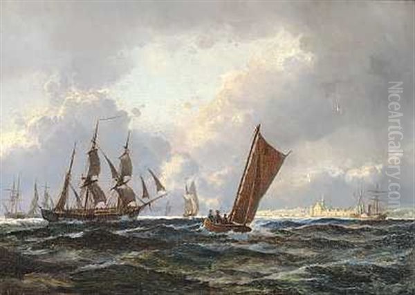 Sejlskibe Ud For Kronborg I Overskyet Vejr Oil Painting by Holger Drachmann