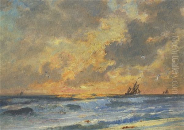Skibe Pa Havet Ud For Skagens Kyst Ved Solnedgangstide Oil Painting by Holger Drachmann