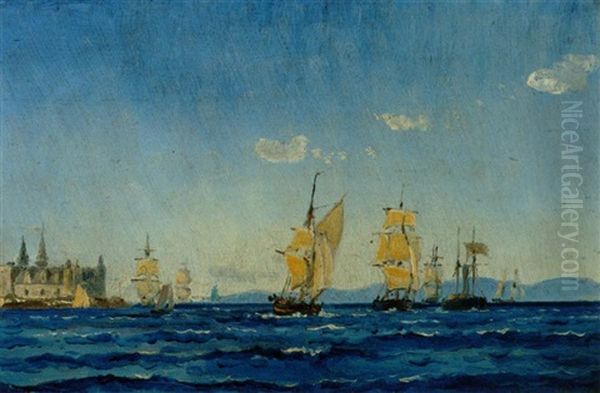 Sejlskibe Ud For Kronborg Oil Painting by Holger Drachmann