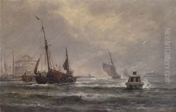 Sejlskibe I Indsejlingen Til Frederikshavn Havn, Hardt Vejr Oil Painting by Holger Drachmann