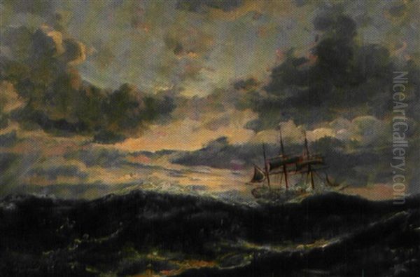 Tremaster I Hoj So Ved Solnedgangstide Oil Painting by Holger Drachmann