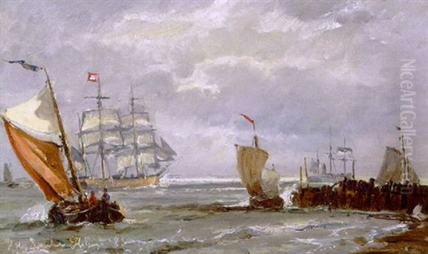 Kystparti Med Talrige Sejlbade Og Fiskerbade Oil Painting by Holger Drachmann