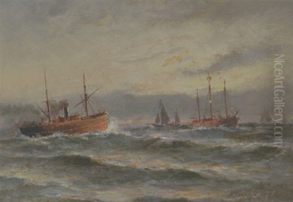 Marine Med Skibe Omkring Et Fyrskib Oil Painting by Holger Drachmann