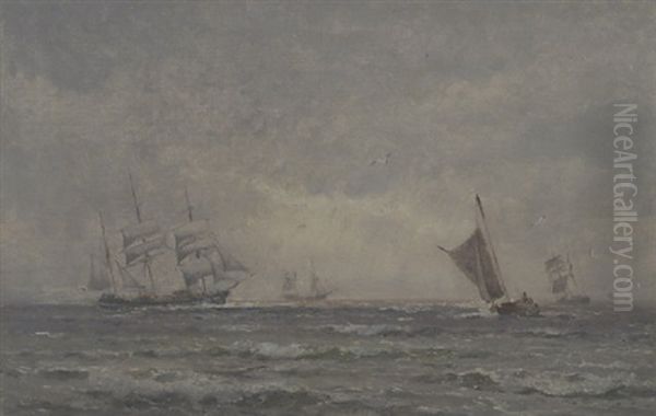 Sejlskibe Pa Havet, Solen Bryder Gennem Skydaekket Oil Painting by Holger Drachmann