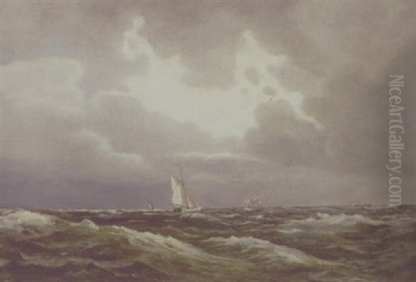 Marine Med Sejlskibe Oil Painting by Holger Drachmann