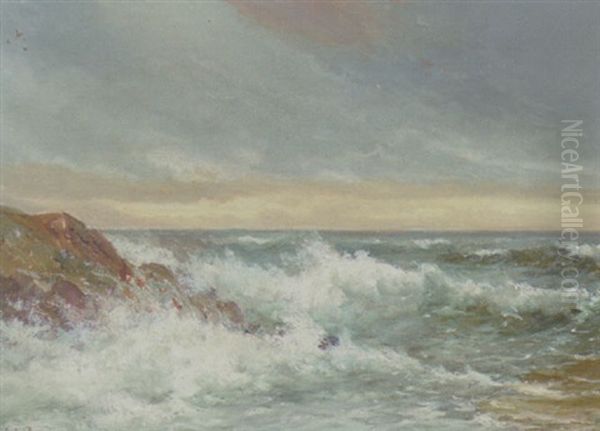 Kystmotiv Med Bolger Der Slar Ind Over Klipperne Oil Painting by Holger Drachmann