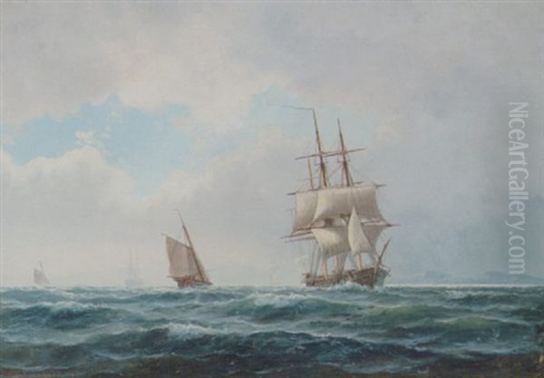 Marine Med Sejlskibe Pa Havet Oil Painting by Holger Drachmann