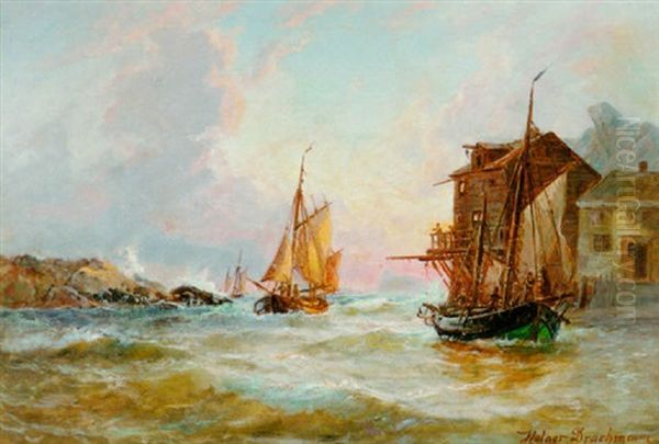 Marine Med Fiskerbade Ud For Klippekyst Oil Painting by Holger Drachmann