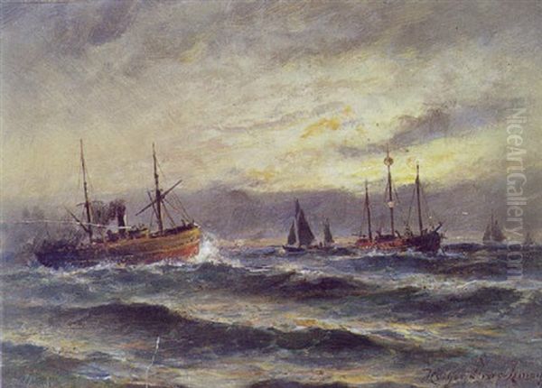 Marine Med Fyrskib Og Damper Oil Painting by Holger Drachmann