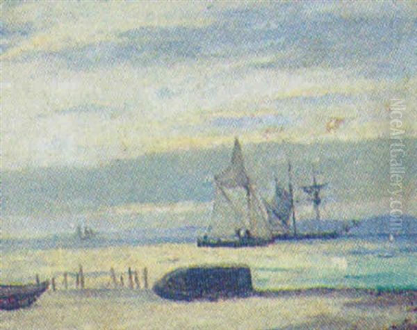 Marine Med Sejlskibe Og Optrukne Joller Pa Stranden Oil Painting by Holger Drachmann