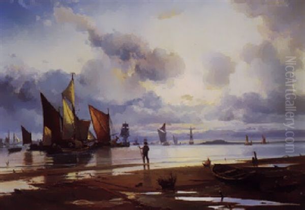 Aften Ved Themsen, Med Talrige Sejlskibe Oil Painting by Holger Drachmann